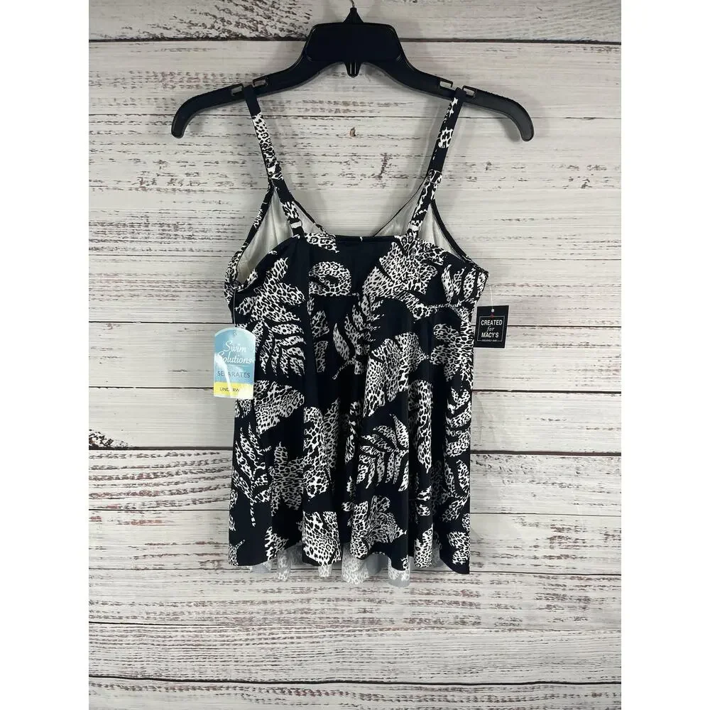 Swim Solutions V Neck Tankini Top Women's Size 10 Black White Underwire D Cup